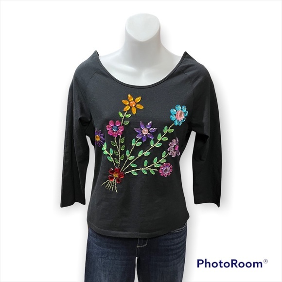 Nina Leonard Tops - Metro 6 Nina Leonard Black Scoop Neck Floral Jeweled 3/4 Sleeve Top Size Medium